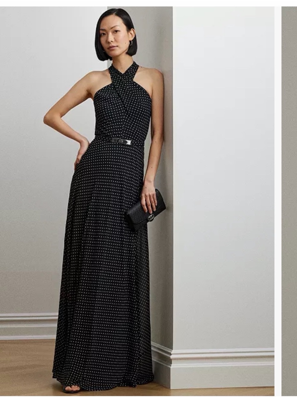 Ralph Lauren Black Halter Maxi Dress with White Polka Dots- EUC